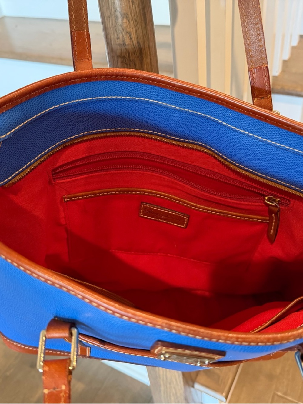 Dooney & Bourke Blue Tote with Brown Leather Trim and Straps - Picture 3 of 8